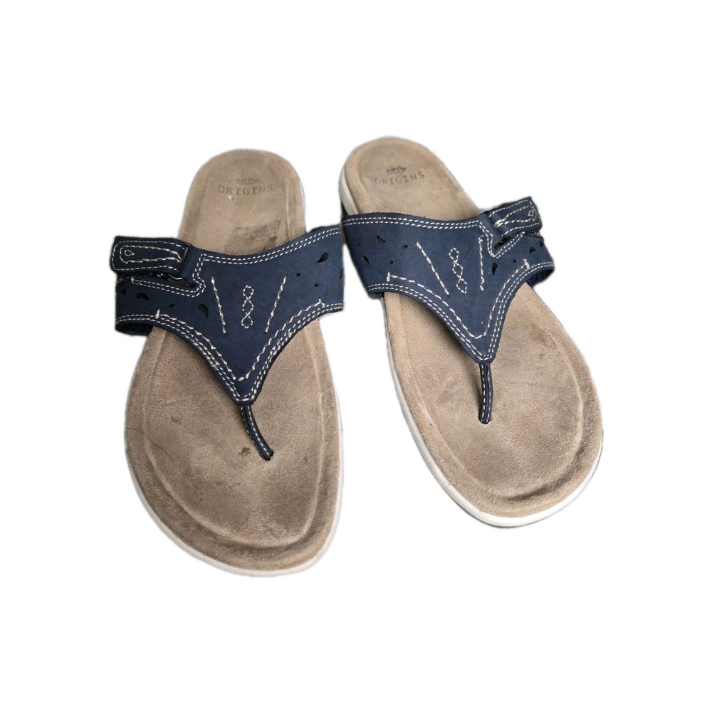 Origins Navy Thong Sandals Shoe 10 leather Hook and Loop Slip on Comfort Beach